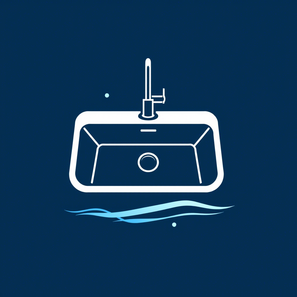 Illustration vectorielle d’un évier blanc avec robinet sur fond bleu, avec des vagues symbolisant l’eau, représentant les services de débouchage.