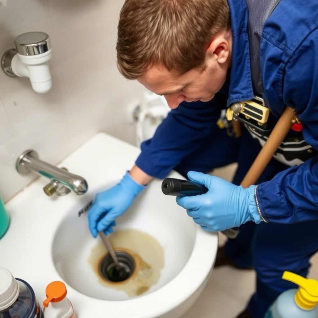 Plombier en train de déboucher des WC bouchés à l’aide d’un outil professionnel.