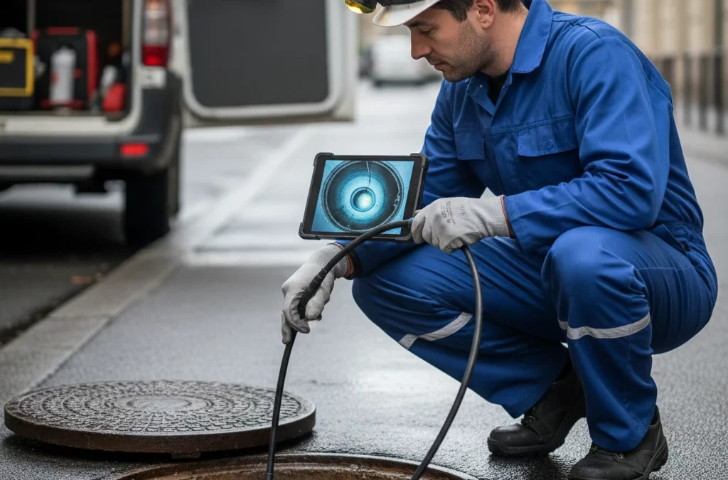 Technicien DCPRO91 réalisant une inspection caméra canalisation depuis un regard de visite en Essonne