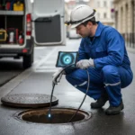 Technicien DCPRO91 réalisant une inspection caméra canalisation depuis un regard de visite en Essonne