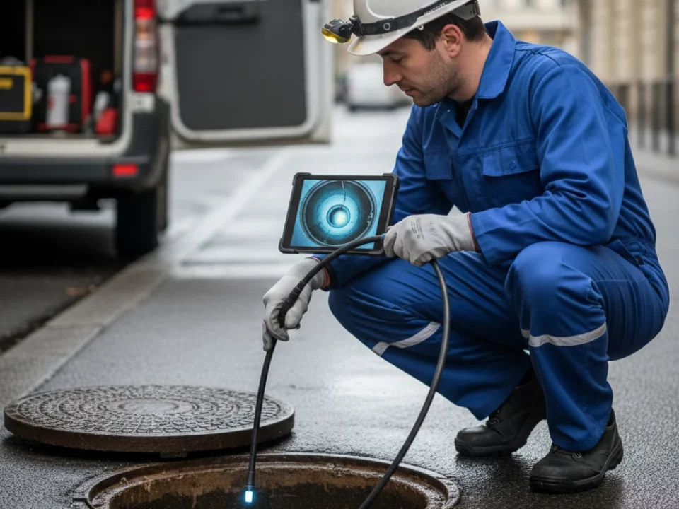 Technicien DCPRO91 réalisant une inspection caméra canalisation depuis un regard de visite en Essonne