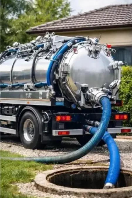 Camion hydrocureur DCPRO91 pompant une fosse septique en Essonne