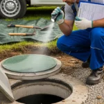 Diagnostic assainissement vente maison : contrôle d'une fosse septique par un technicien en Essonne