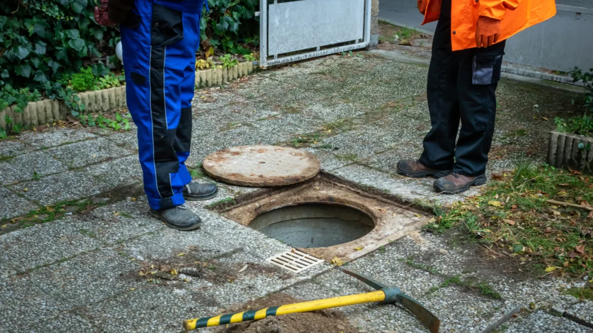 Deux techniciens en tenue de travail inspectant un regard d'assainissement ouvert lors d'un contrôle SPANC en Essonne