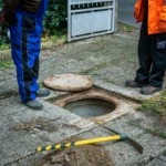 Deux techniciens en tenue de travail inspectant un regard d'assainissement ouvert lors d'un contrôle SPANC en Essonne