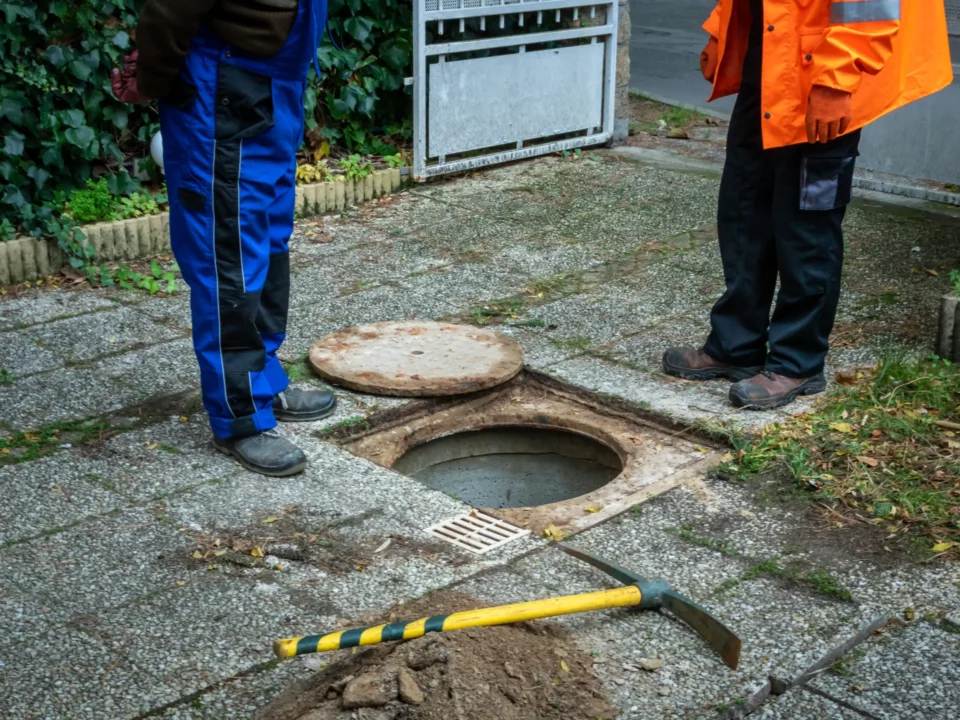 Deux techniciens en tenue de travail inspectant un regard d'assainissement ouvert lors d'un contrôle SPANC en Essonne