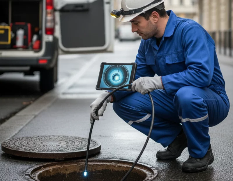Technicien DCPRO91 réalisant une inspection caméra canalisation depuis un regard de visite en Essonne