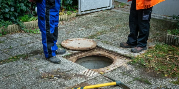 Deux techniciens en tenue de travail inspectant un regard d'assainissement ouvert lors d'un contrôle SPANC en Essonne
